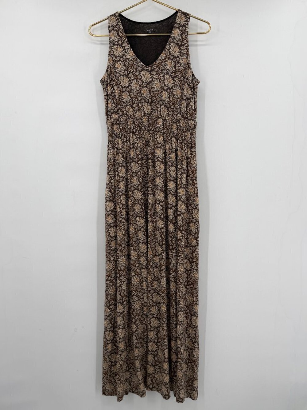Carnet Hill Women's Brown Floral Maxi Dress Sleeveless V-Neck Soft Knit Boho S